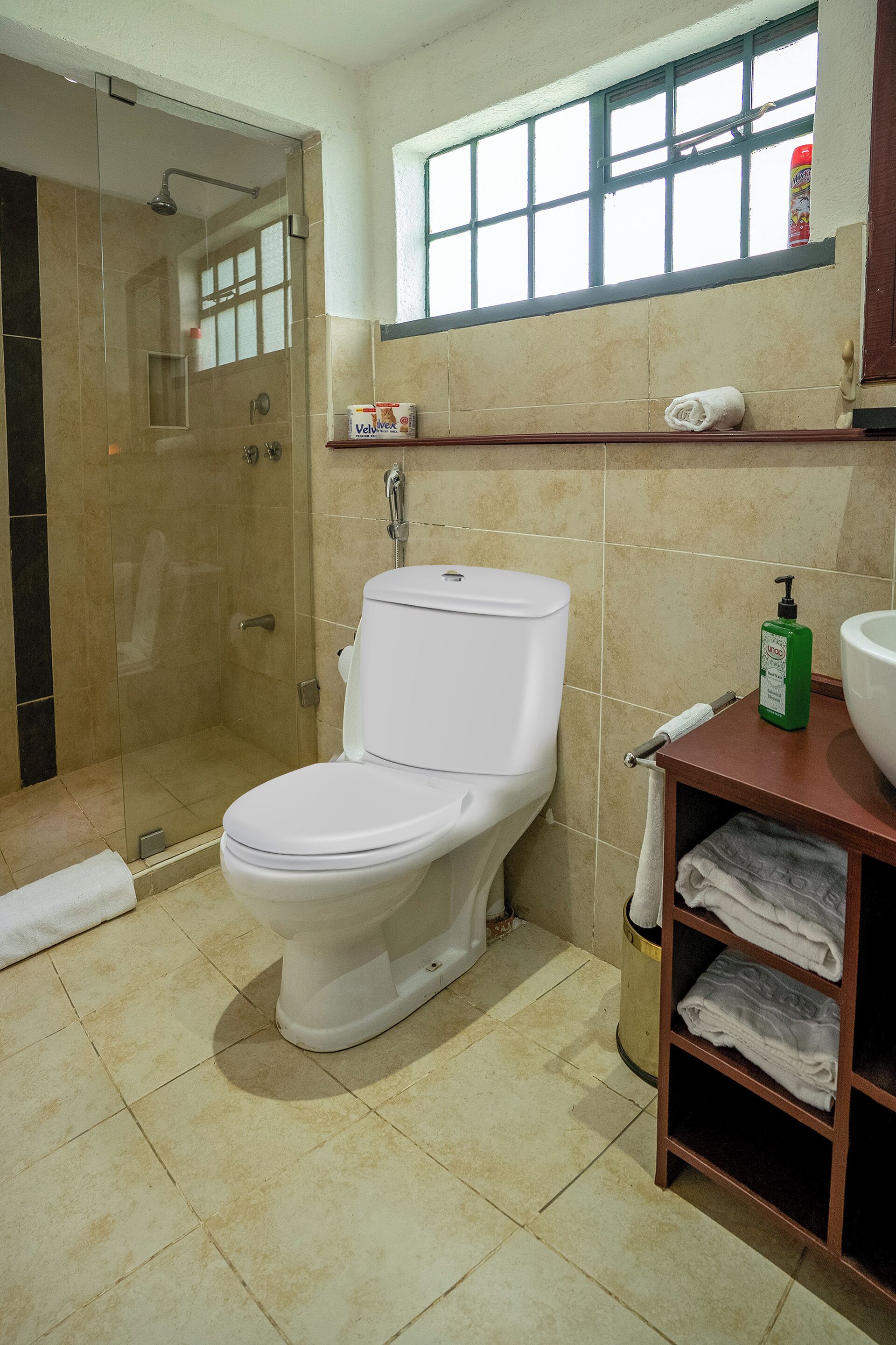 A bathroom with a toilet, a glass-enclosed shower, a window, and a shelf with towels.