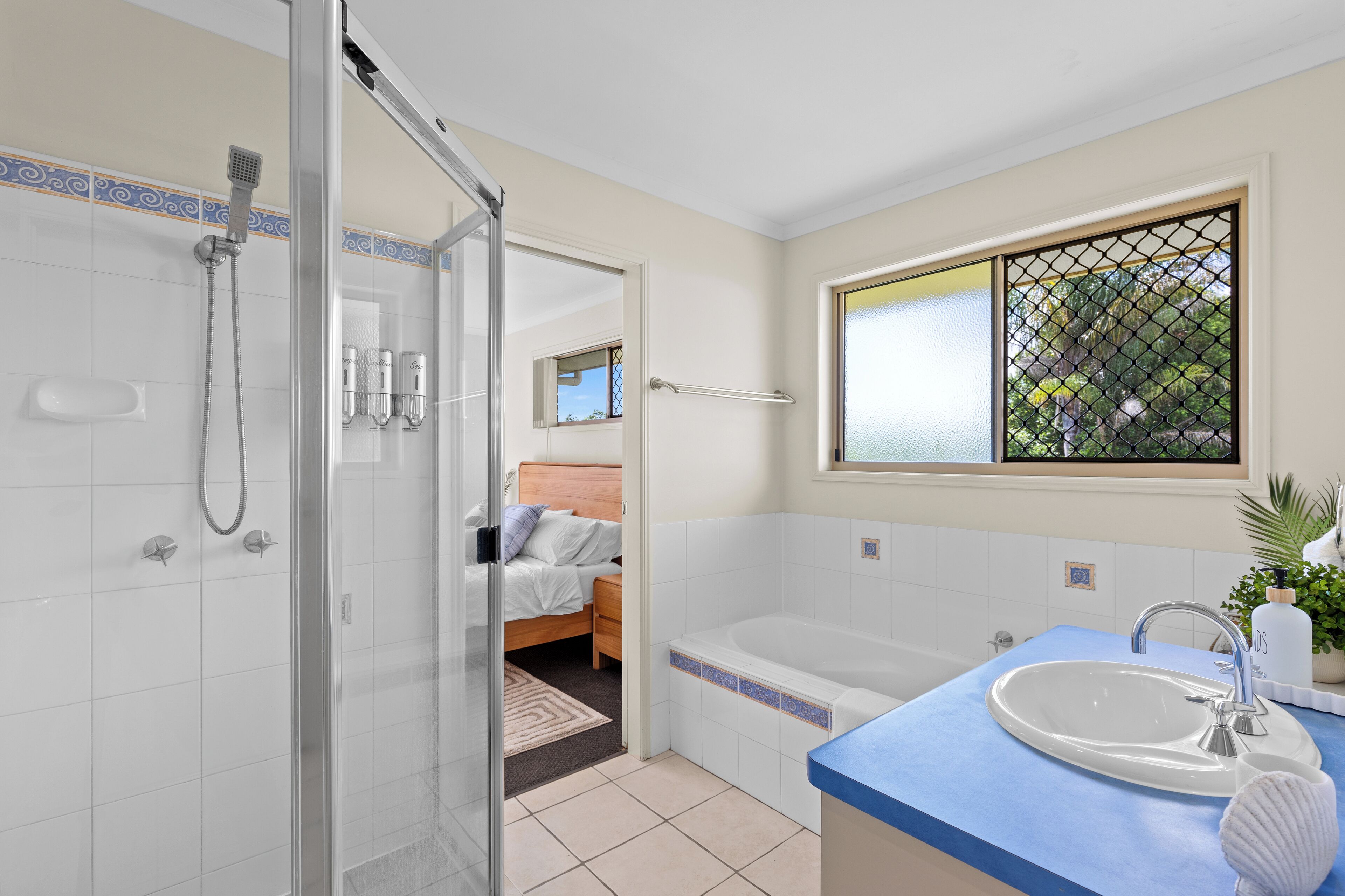 Hair dryer, towels, soap, toilet paper