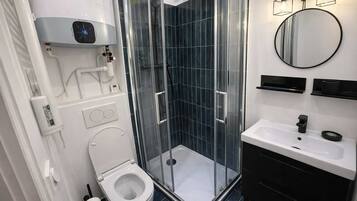 Regadera, secadora de cabello, toallas