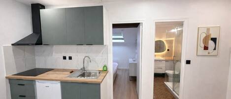 A compact kitchen with a built-in dishwasher, a sink, and a stove.