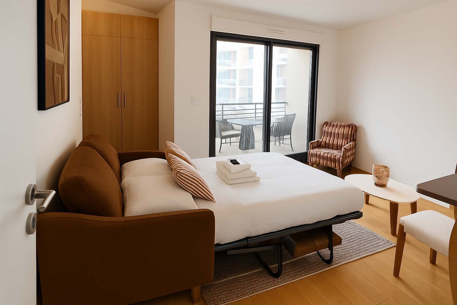 Desk, iron/ironing board, bed sheets