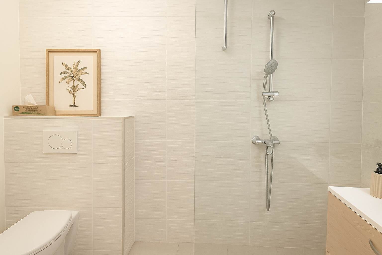 Douche, articles de toilette gratuits, sèche-cheveux