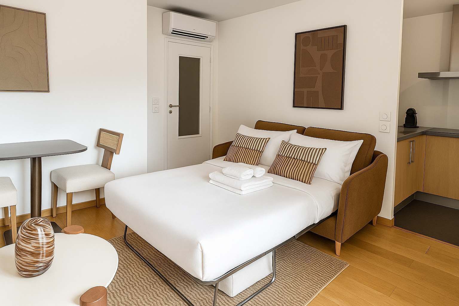 Skrivebord, strykejern/-brett og sengetøy