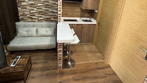 A compact living space with a kitchenette, a sofa, and a TV.