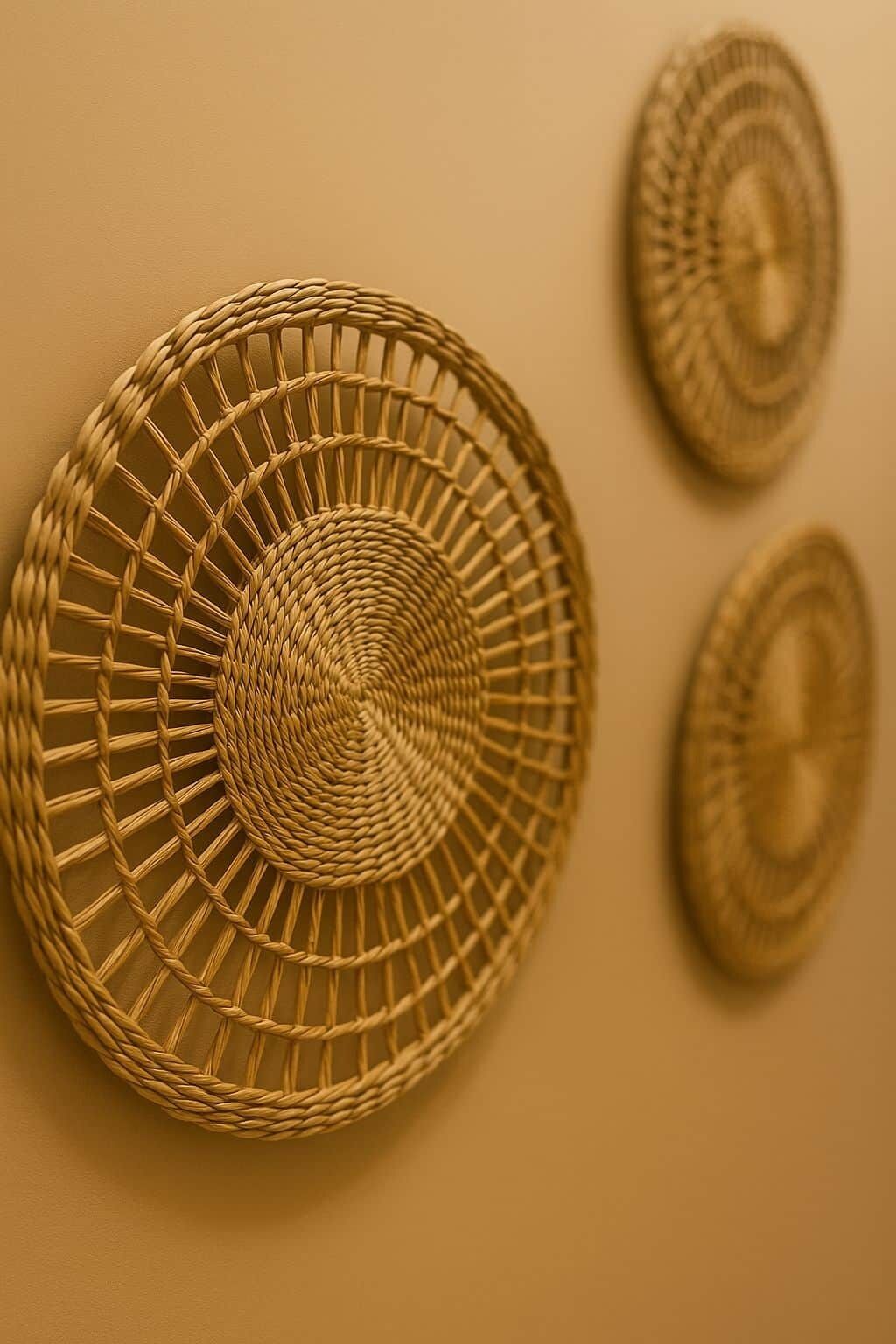 Three woven wall decorations.