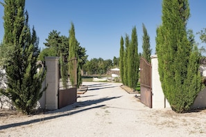 A gravel driveway leading to a gated entrance with tall, narrow trees on either side. - Domaine Mas Lafleur - Mas Provençal for 12 people - Swimming pool & large garden (Châteaurenard)