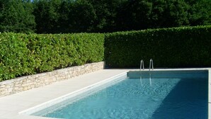 Una piscina rectangular con una pared de piedra y un seto a un lado.