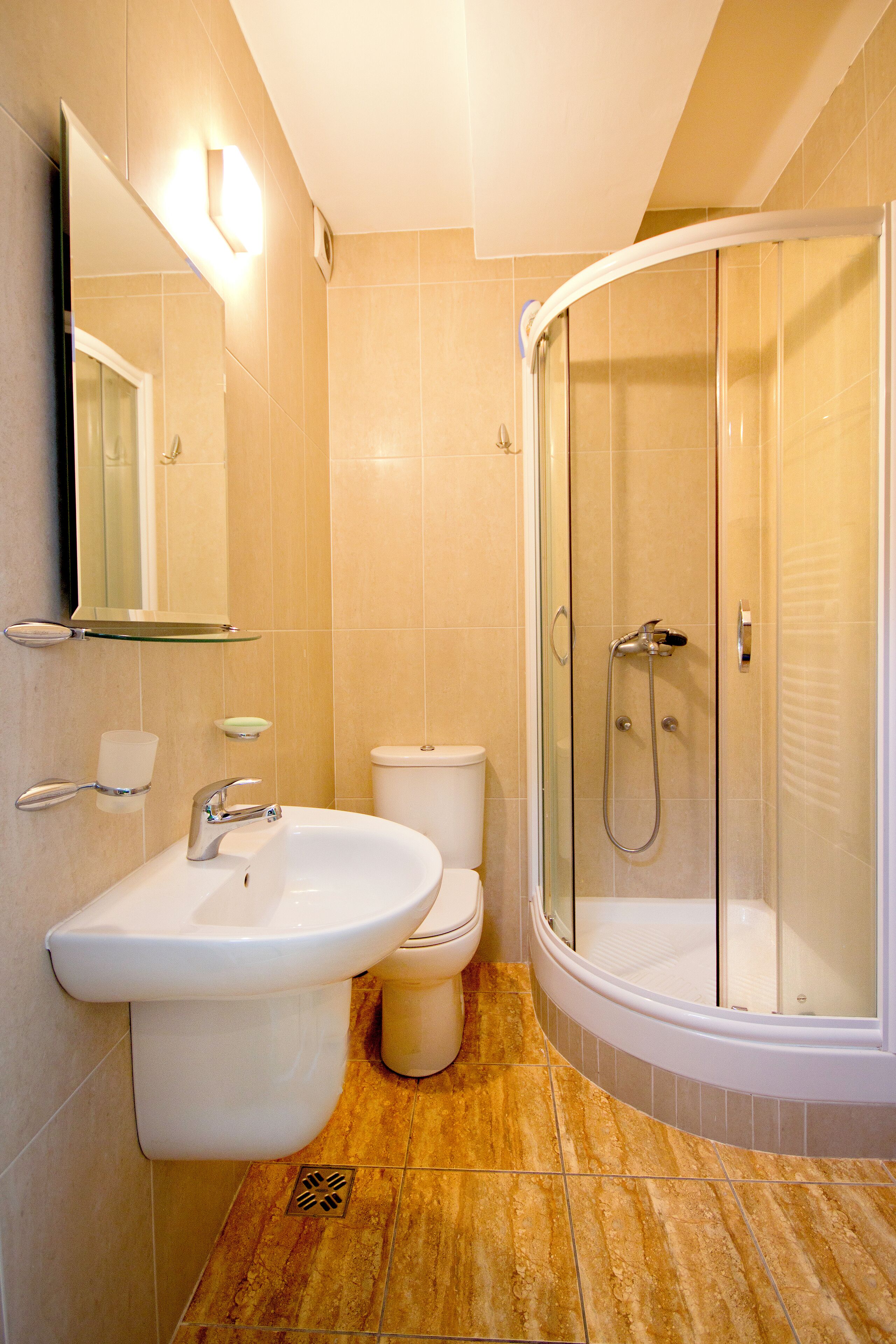 Hair dryer, towels, soap, toilet paper