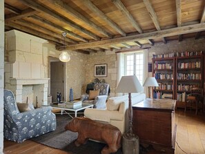 TV, fireplace, DVD player, books