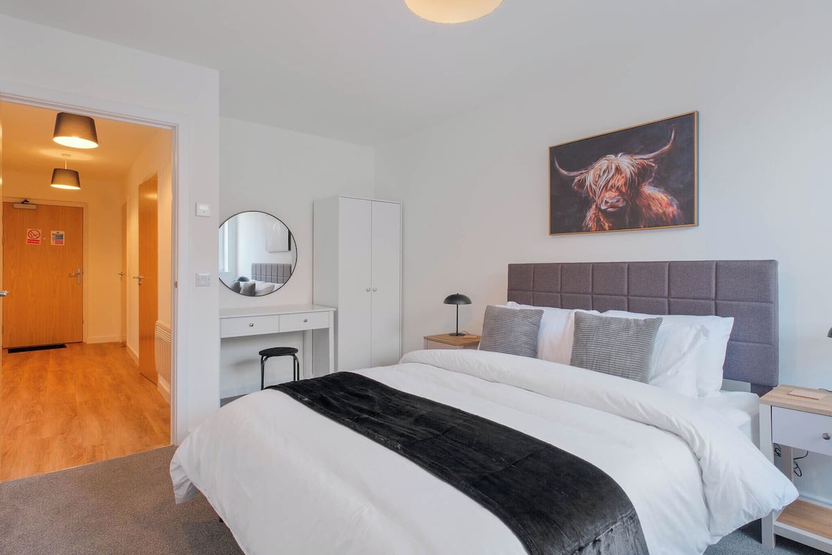 Una habitación de hotel moderna con una cama, mesita de noche, tocador, cómoda, espejo y un cuadro de un toro.
