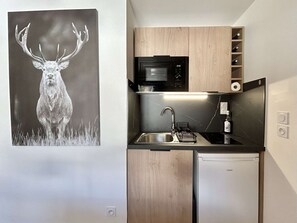 Jääkaappi, mikroaaltouuni, liesi, kahvin-/teenkeitin