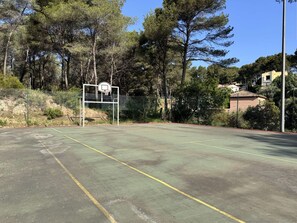 Ein Basketballplatz im Freien mit Korb, umgeben von Bäumen und einem Zaun.