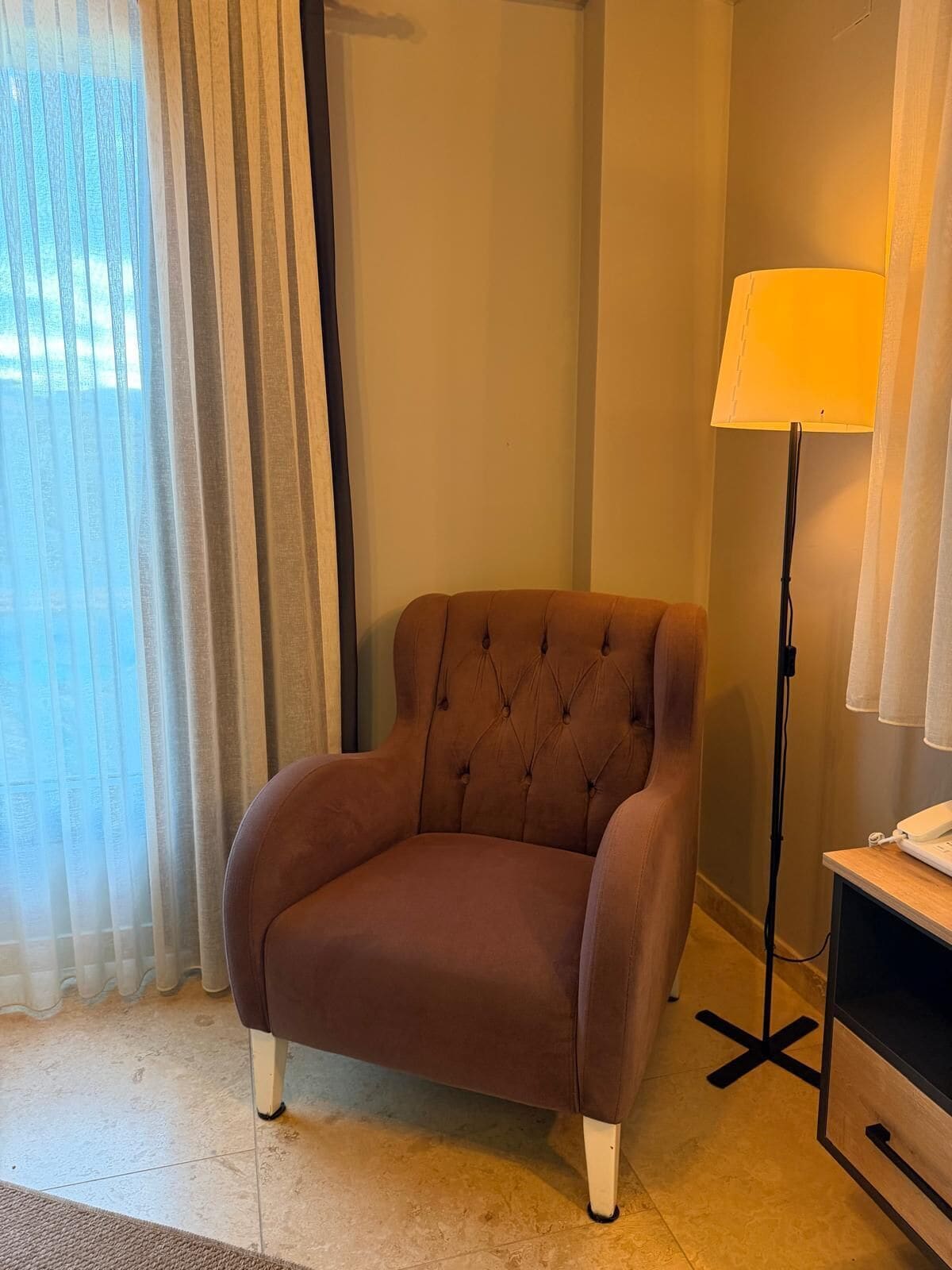 A brown armchair with a tufted backrest in a room with a floor lamp and a television stand.