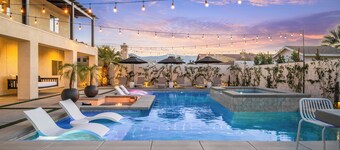 Spacious 6-bedroom desert home with a private pool, spa, and sunken firepit lounge. Features a fun game room, fully stocked kitchen, and open living spaces—ideal for groups looking to relax, gather, and enjoy the Coachella Valley.