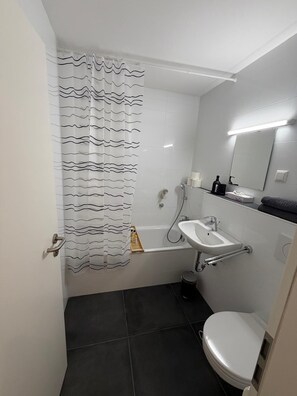 Secadora de cabello, toallas, jabón, papel de baño 