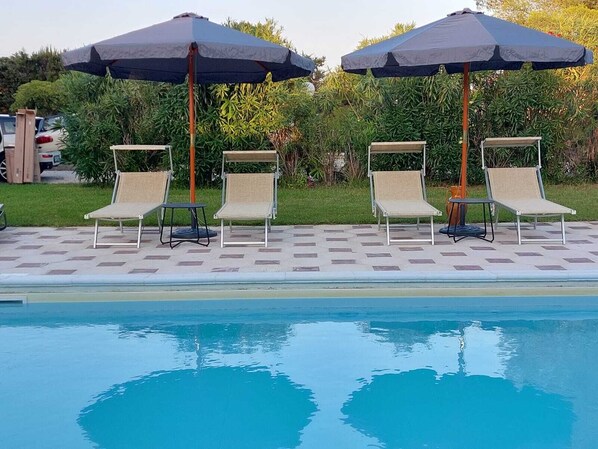 Seasonal outdoor pool, pool umbrellas, pool loungers