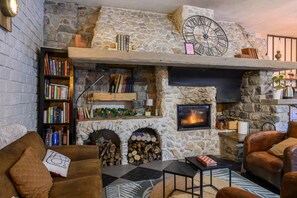 Un salon chaleureux avec une cheminée en pierre, des étagères à livres et des meubles en cuir.