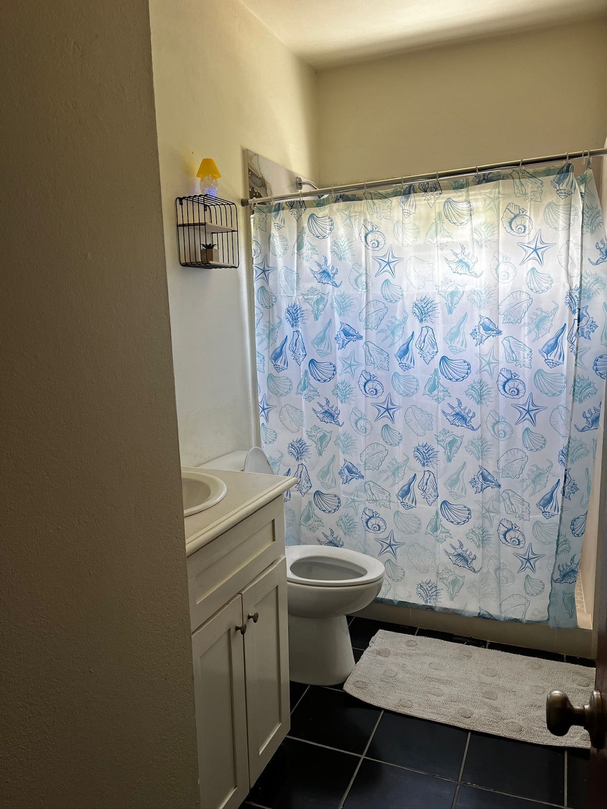 Een douche, handdoeken, zeep, toiletpapier