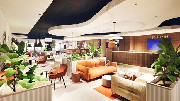 A modern hotel lobby with a reception desk, seating areas, and indoor plants. - Kyriad Prestige - Sarrebourg Les Terrasses (Sarrebourg)