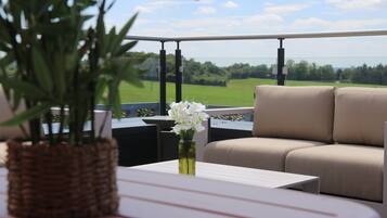 Un balcon avec un canapé, une table et un pot de fleurs.