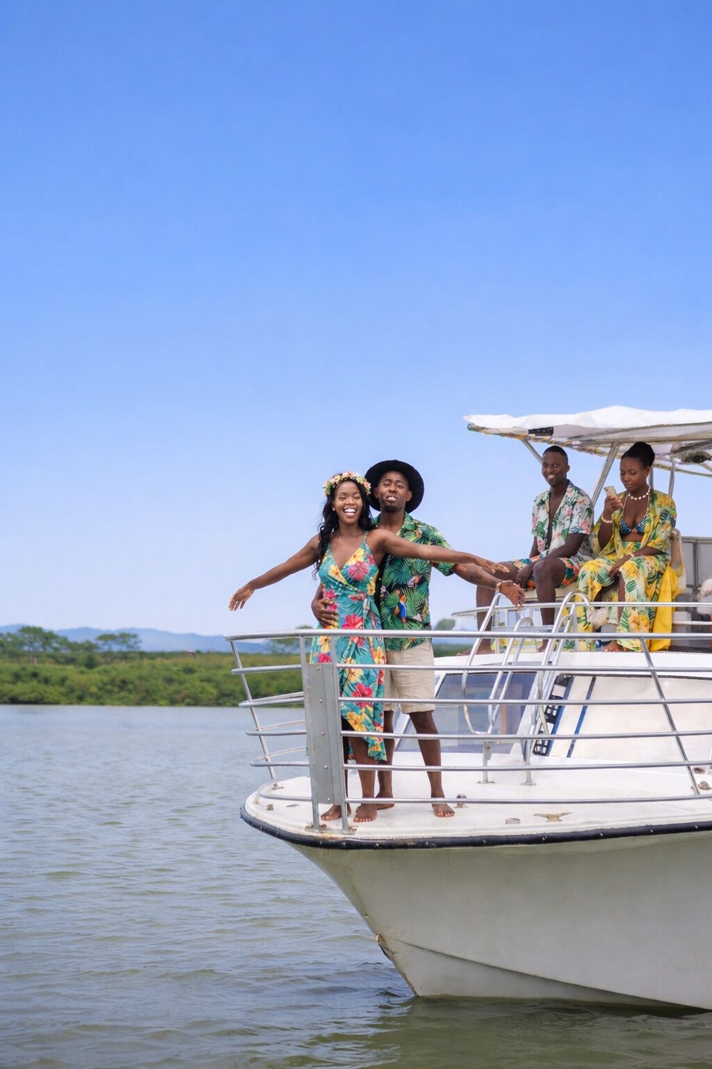 A boat with people on it, a clear sky, and a body of water.