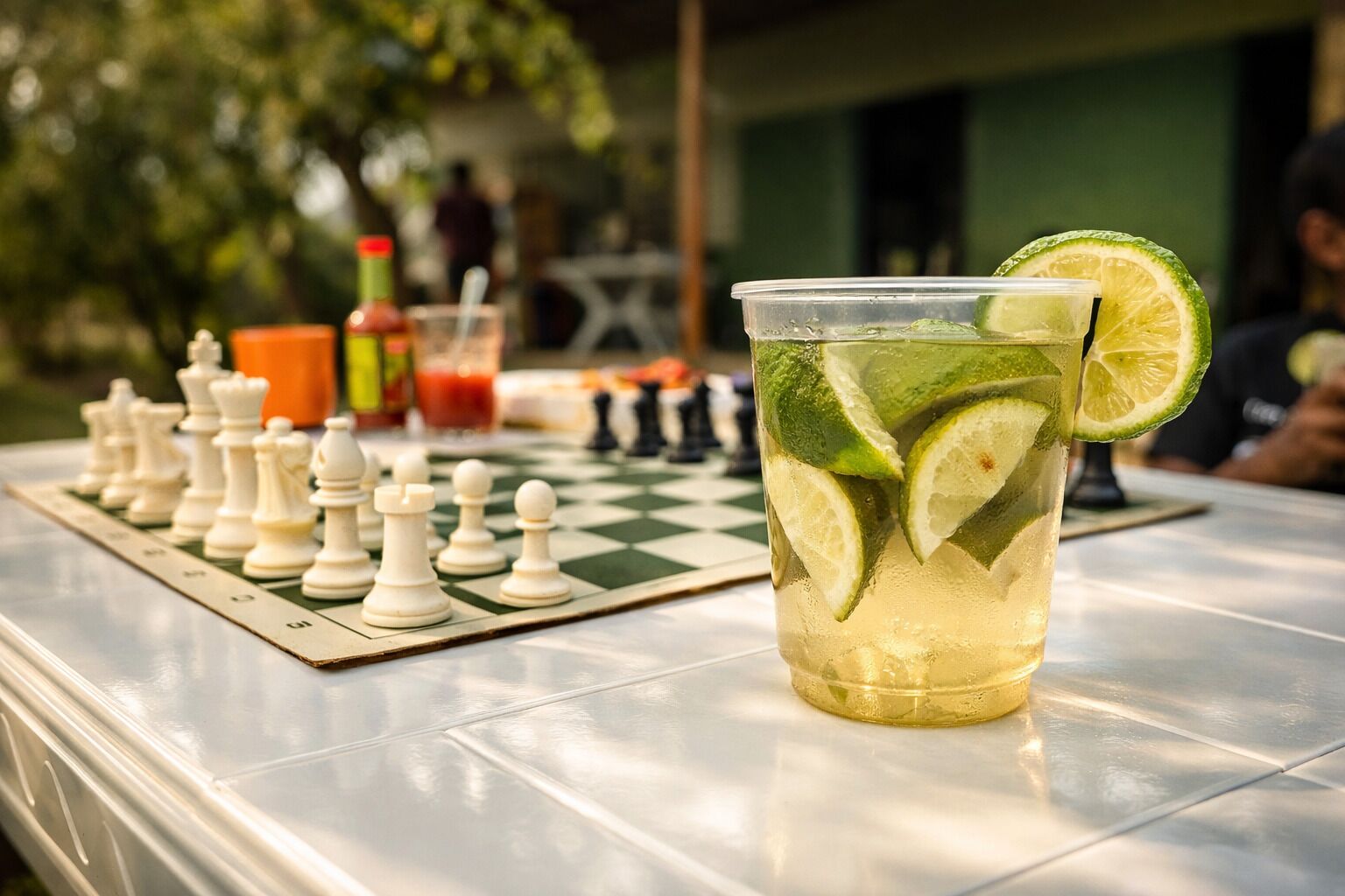A chessboard with pieces, a glass of a lime-based drink, and a bottle of sauce on a table.