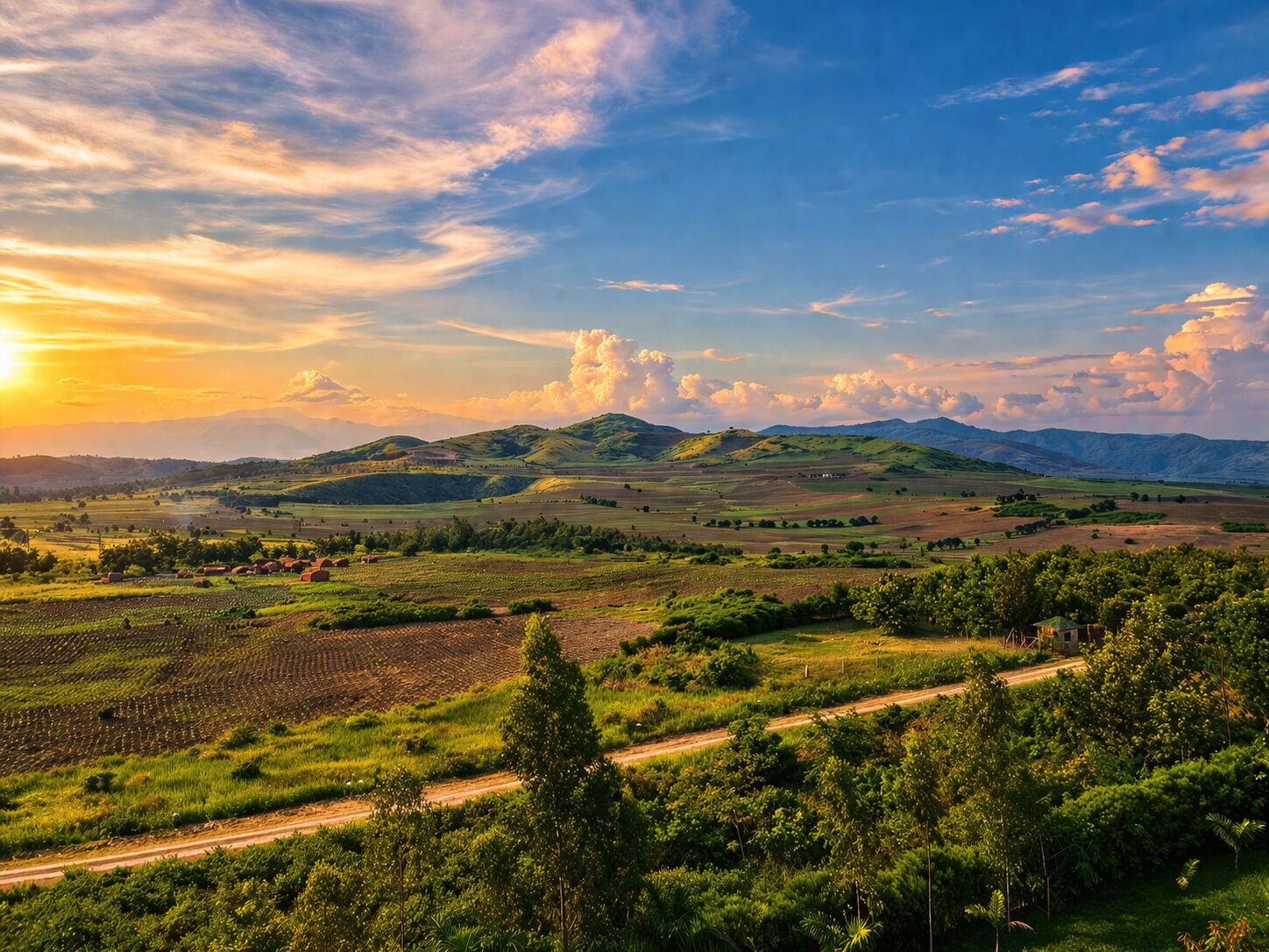 Paisaje rural con colinas ondulantes, campos y un camino de tierra.