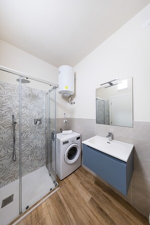 Shower, hair dryer, bidet, towels