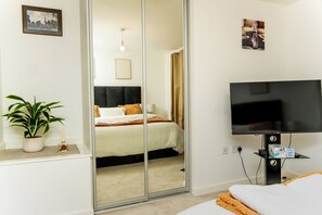 Habitació d'hotel amb un llit, una televisió, una planta i un quadre a la paret.