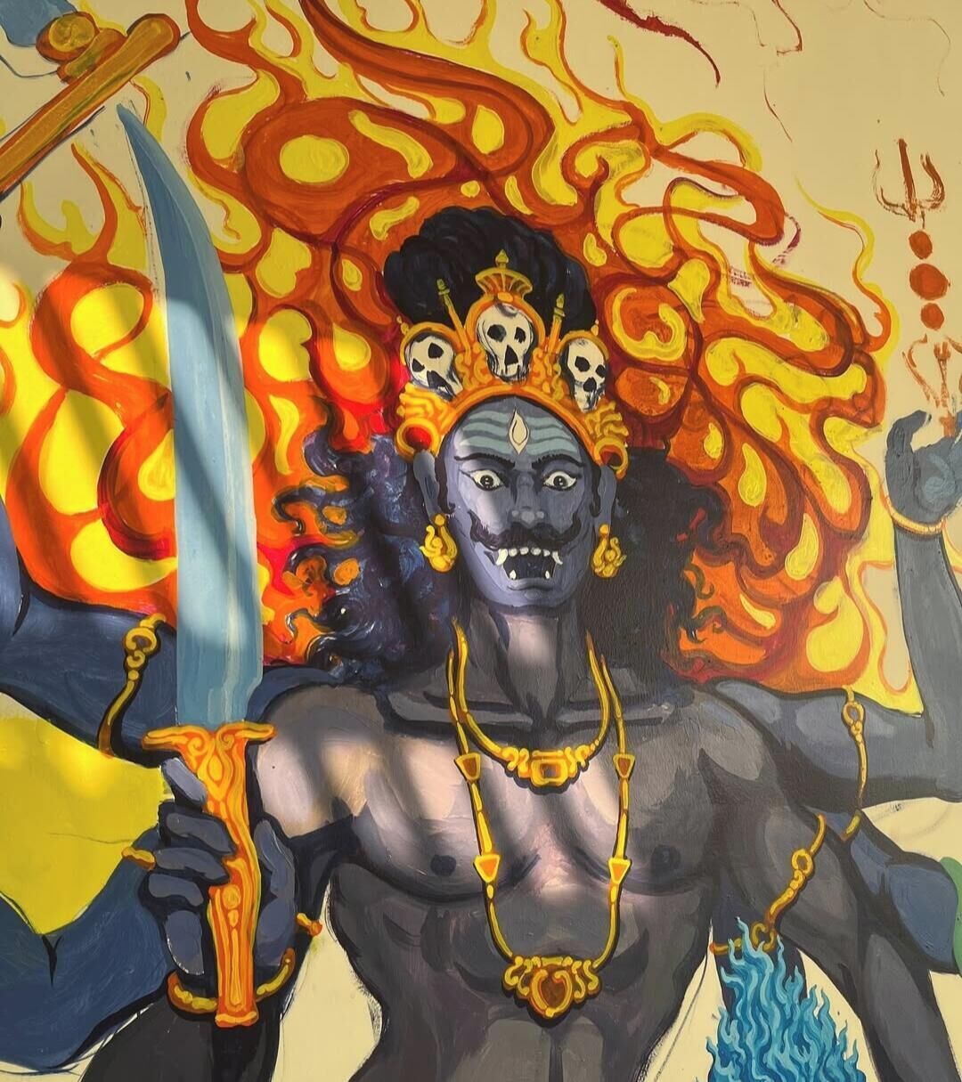 A painting of a figure with a sword, surrounded by flames.