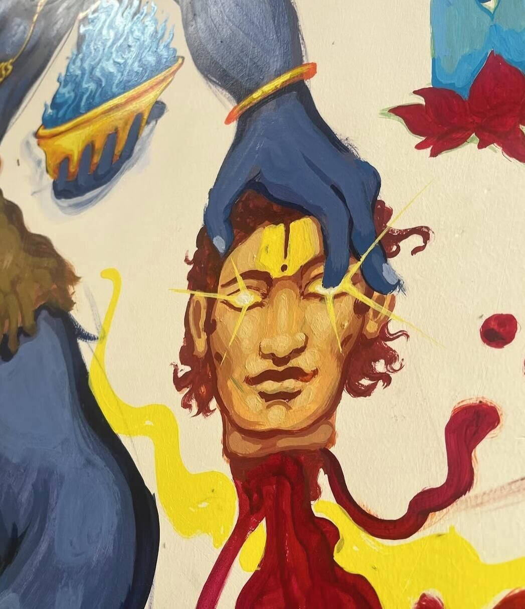 Una pintura con elementos abstractos y una figura en azul y amarillo.