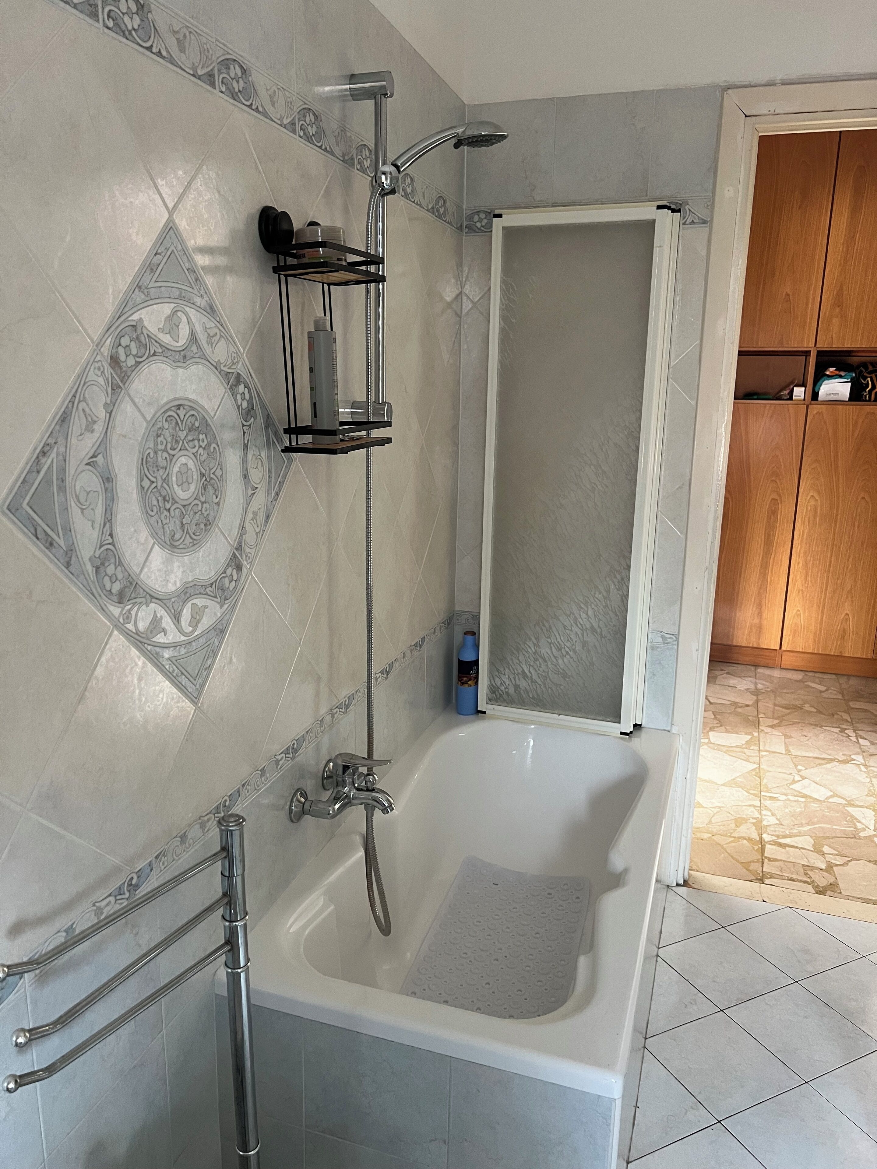 Hair dryer, bidet, towels, soap