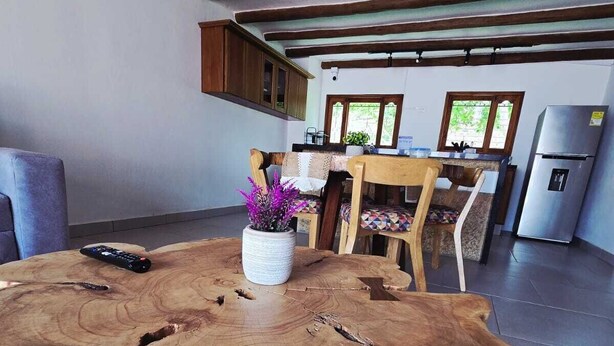 Ein Essbereich mit einem großen Holztisch, Stühlen, einer Fernbedienung und einem Blumentopf.
