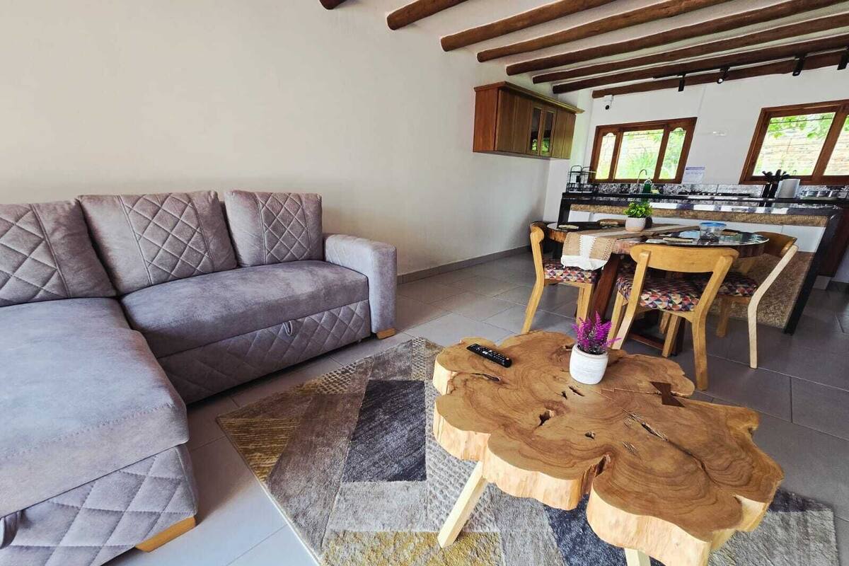 Un salon comprenant un canapé, une table basse et un coin repas avec des chaises et une table.