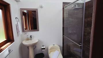 Une petite salle de bain comprenant un lavabo sur colonne, des toilettes et une douche à parois de verre.