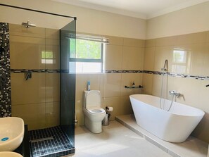 Deluxe Double Room | Bathroom | Combined shower/tub, towels, soap, shampoo - Petalite Villa Maun (Lekawen Drift)