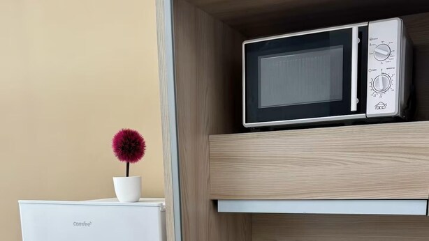 Eine kompakte Küchenzeile mit einem weißen Kühlschrank, einer Mikrowelle, einem kleinen Herd und einem Blumentopf.