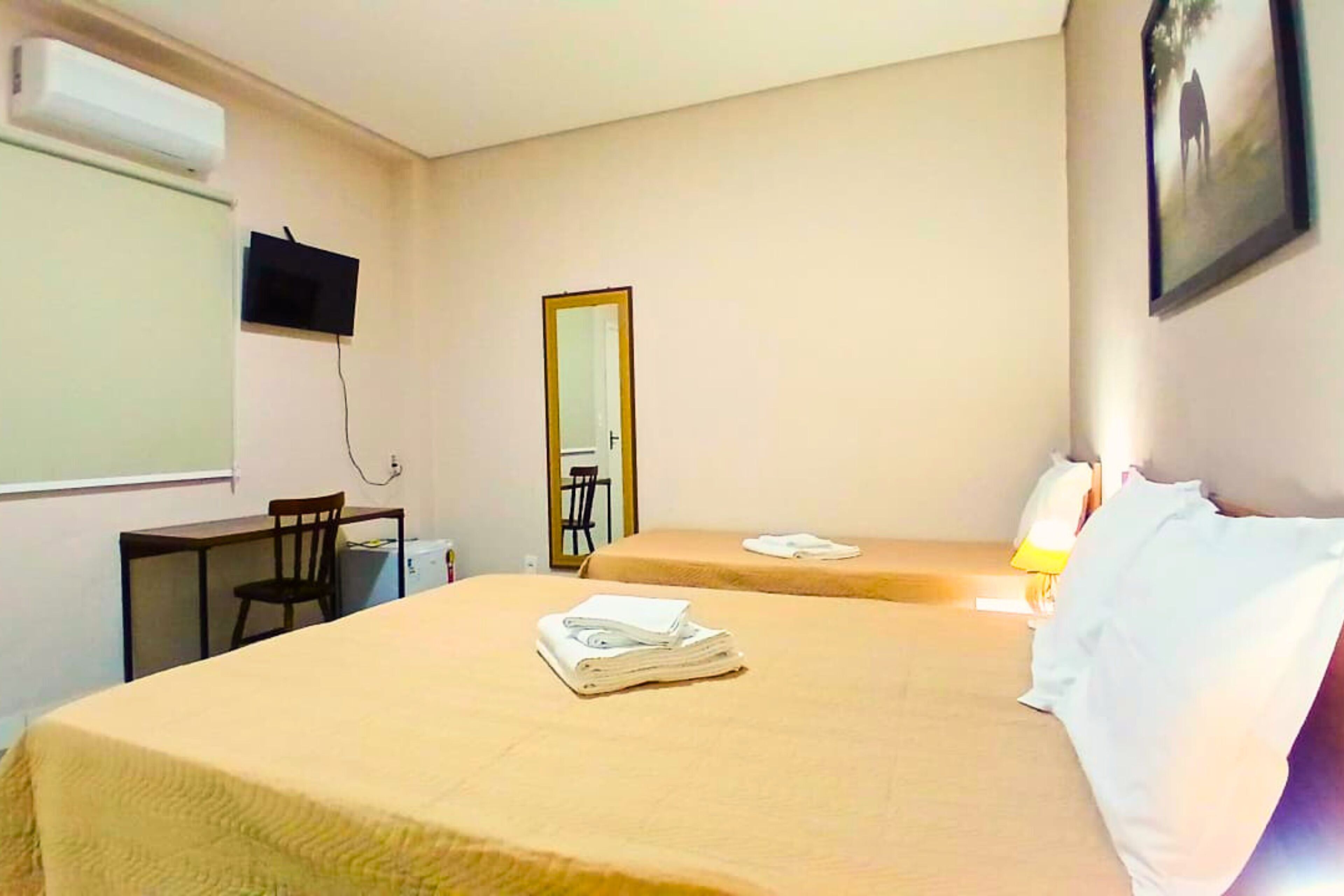 Habitación de hotel con dos camas, un escritorio, una silla, un televisor y un espejo.