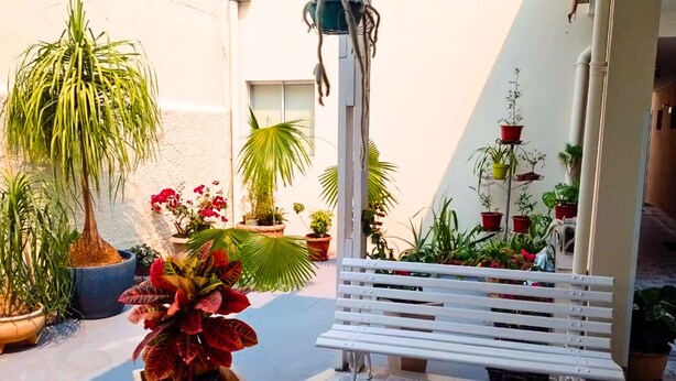 A courtyard with a white bench, various potted plants, and a tiled floor.