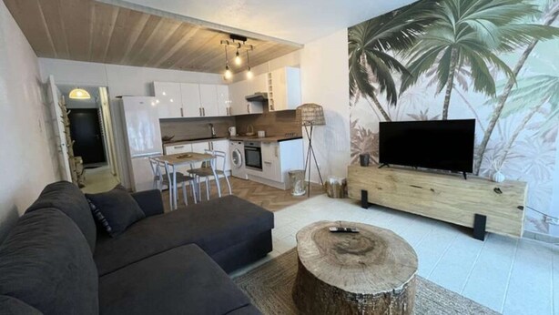 A modern living room with a dark sofa, a wooden coffee table, and a flat-screen TV on a wooden stand. - Apartment in Grau du Roi by the Beach (Le Grau-Du-Roi)