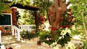 Un patio empedrado con una silla roja, una baranda blanca y un árbol con flores rojas.
