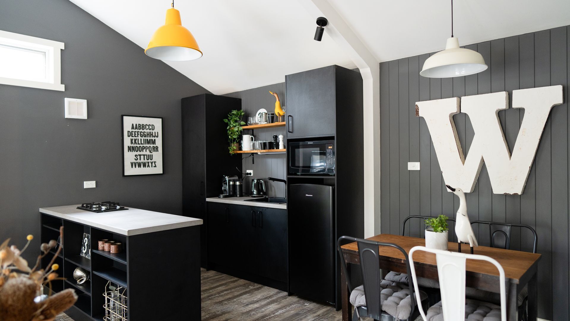 Fridge, microwave, stovetop, coffee/tea maker