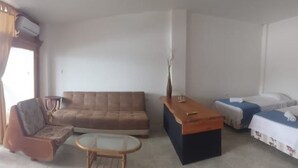 Une pièce avec un canapé marron, une chaise en bois, une petite table ronde, une table d’appoint en bois et un lit recouvert d’une couverture bleue et blanche.