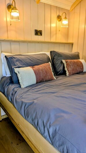 A bed with a headboard, two wall-mounted light fixtures, and a power outlet on the wall.