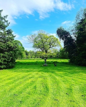 A well-maintained grassy area with a central tree and a stone structure, surrounded by dense foliage. - Scottish Estate Getaway at Powis House Estate (Stirling)