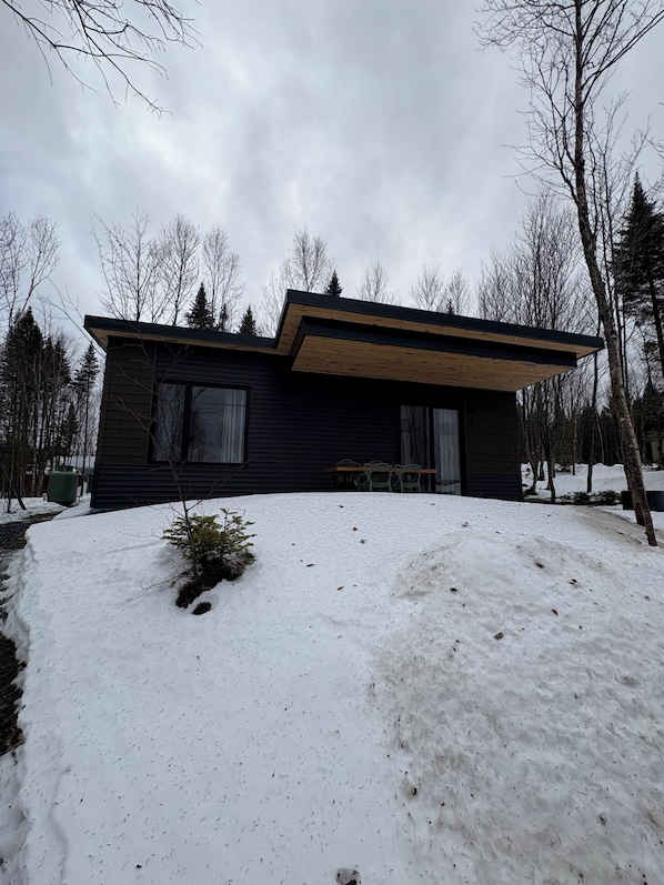 A modern house with a dark exterior, a sloped roof, and a small front yard covered in snow. - Domaine La Forêt Enchantée (Val-Racine)