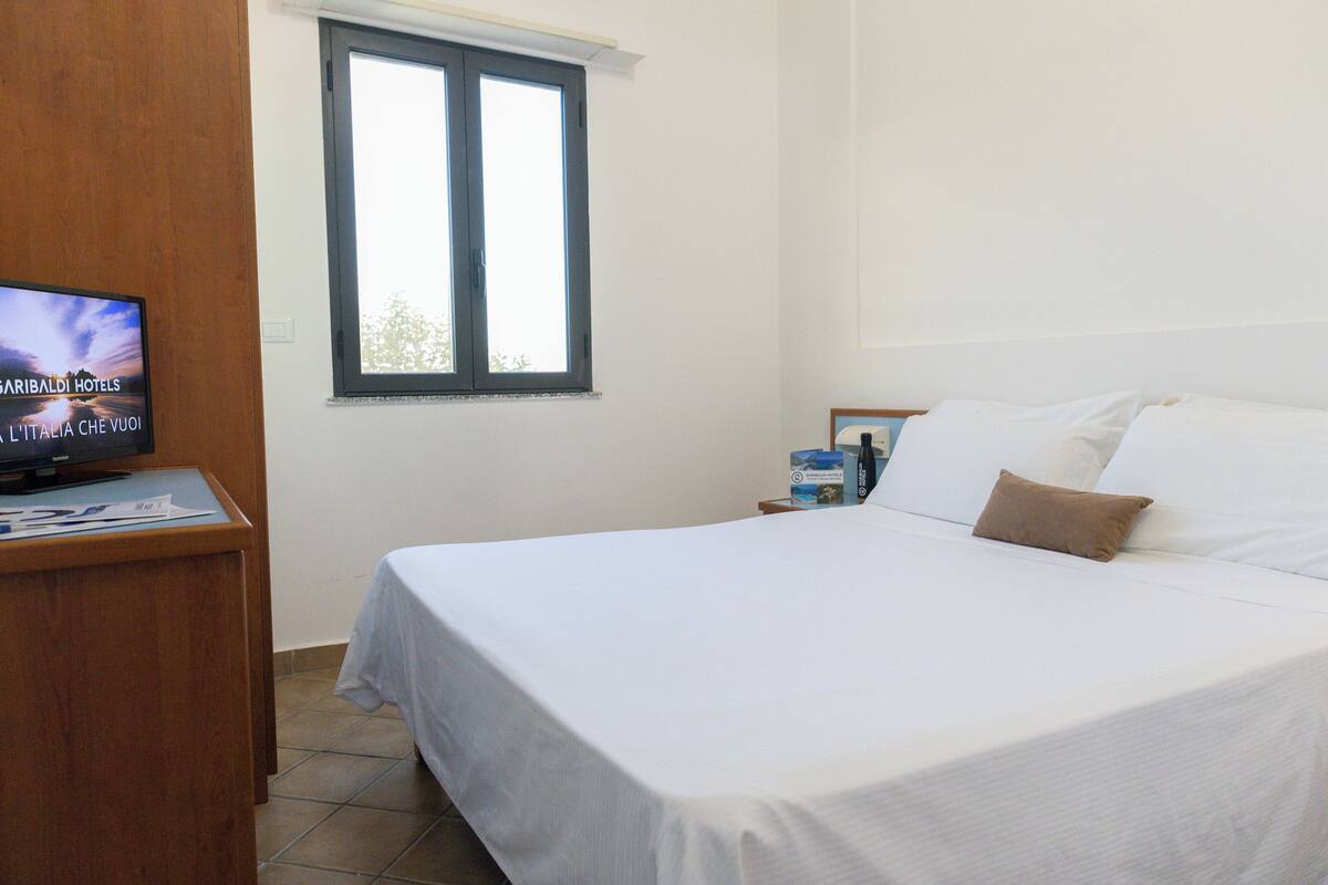 Une chambre d’hôtel avec un lit, un téléviseur posé sur un bureau en bois et une fenêtre donnant sur le ciel.