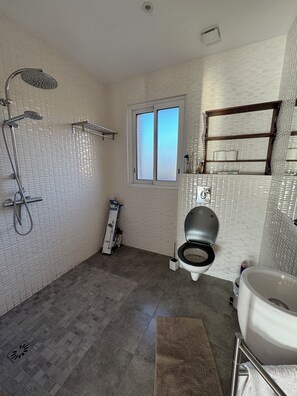 Shower, hair dryer, towels, soap