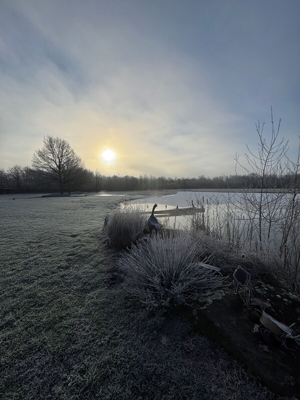 A frost-covered landscape with a body of water, trees, and a wooden structure. - Quiet cottage in SOLOGNE near CHAMBORD (Jouy-le-Potier)