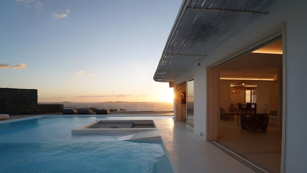 Une maison moderne dotée d’une piscine à débordement, d’un coin repas et offrant une vue sur le coucher de soleil.